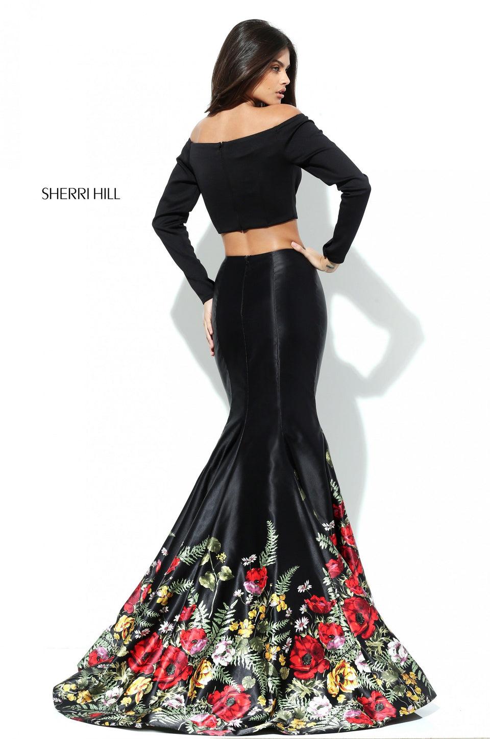 Sherri Hill Long Sleeve Off-the-shoulder Two Piece Mermaid With Satin Floral Border