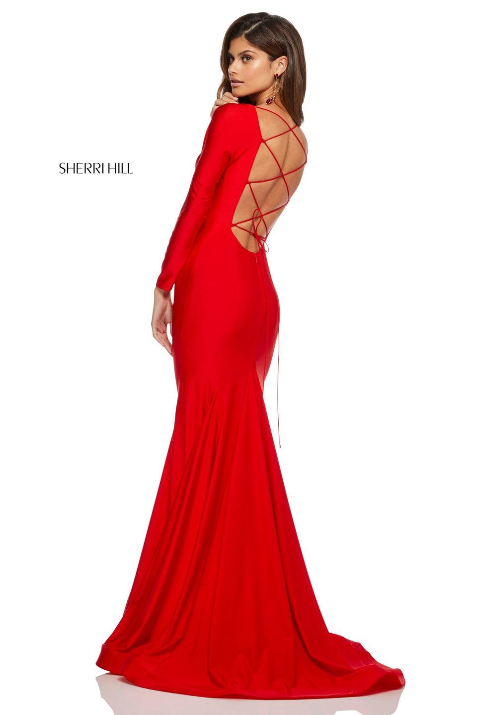 sherri hill Long sleeve satin fit-and-flare with lace up back