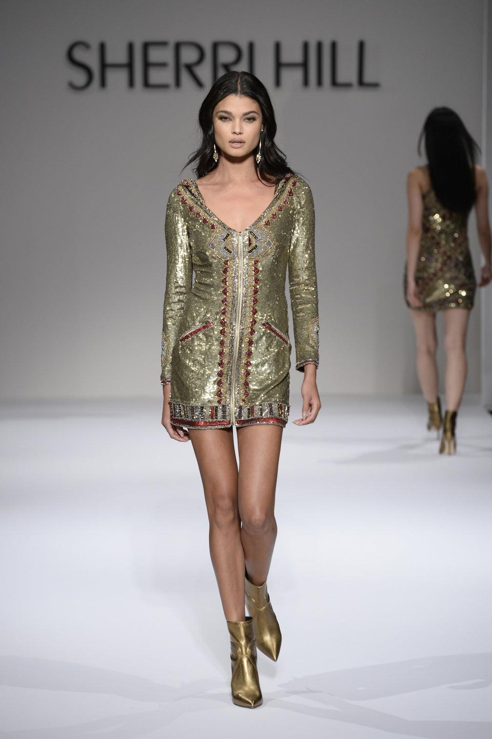 sherri hill Long sleeve sequin cocktail dress with V-neck bodice and hoodie