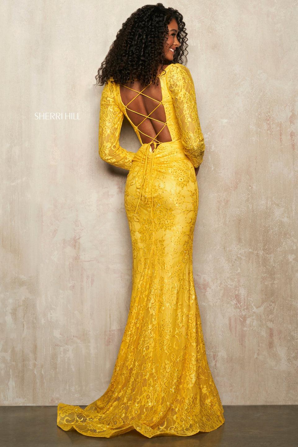 sherri hill Long sleeve stretch lace dress with straight neckline and lace up back