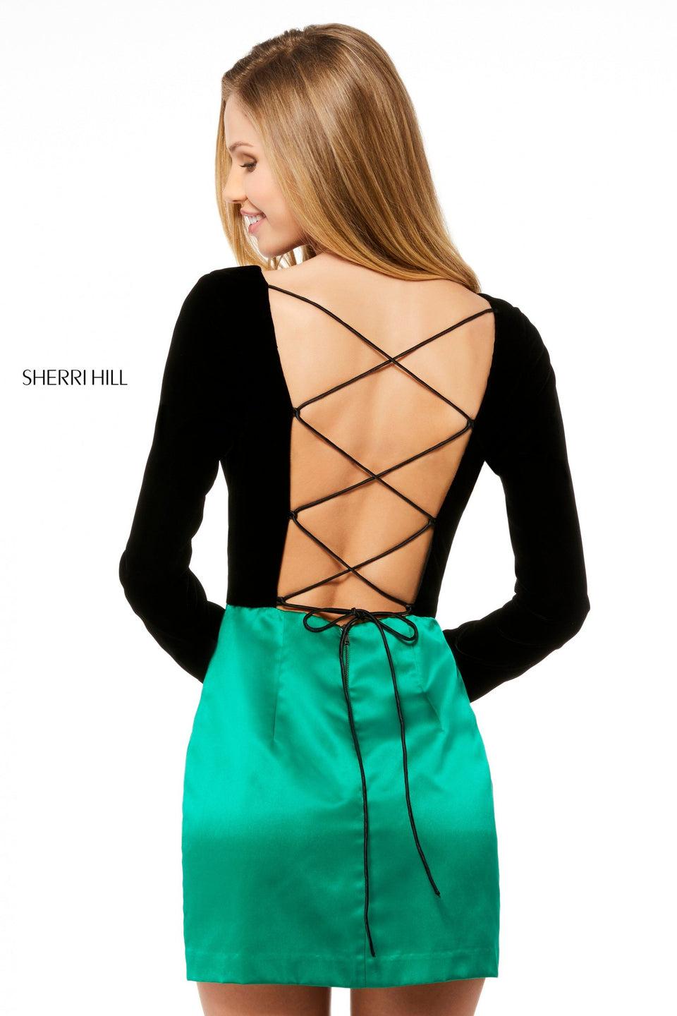 Sherri Hill Long Sleeve Velvet Bodice With Lace Up Back And Silk Cocktail Skirt With Front Zipper