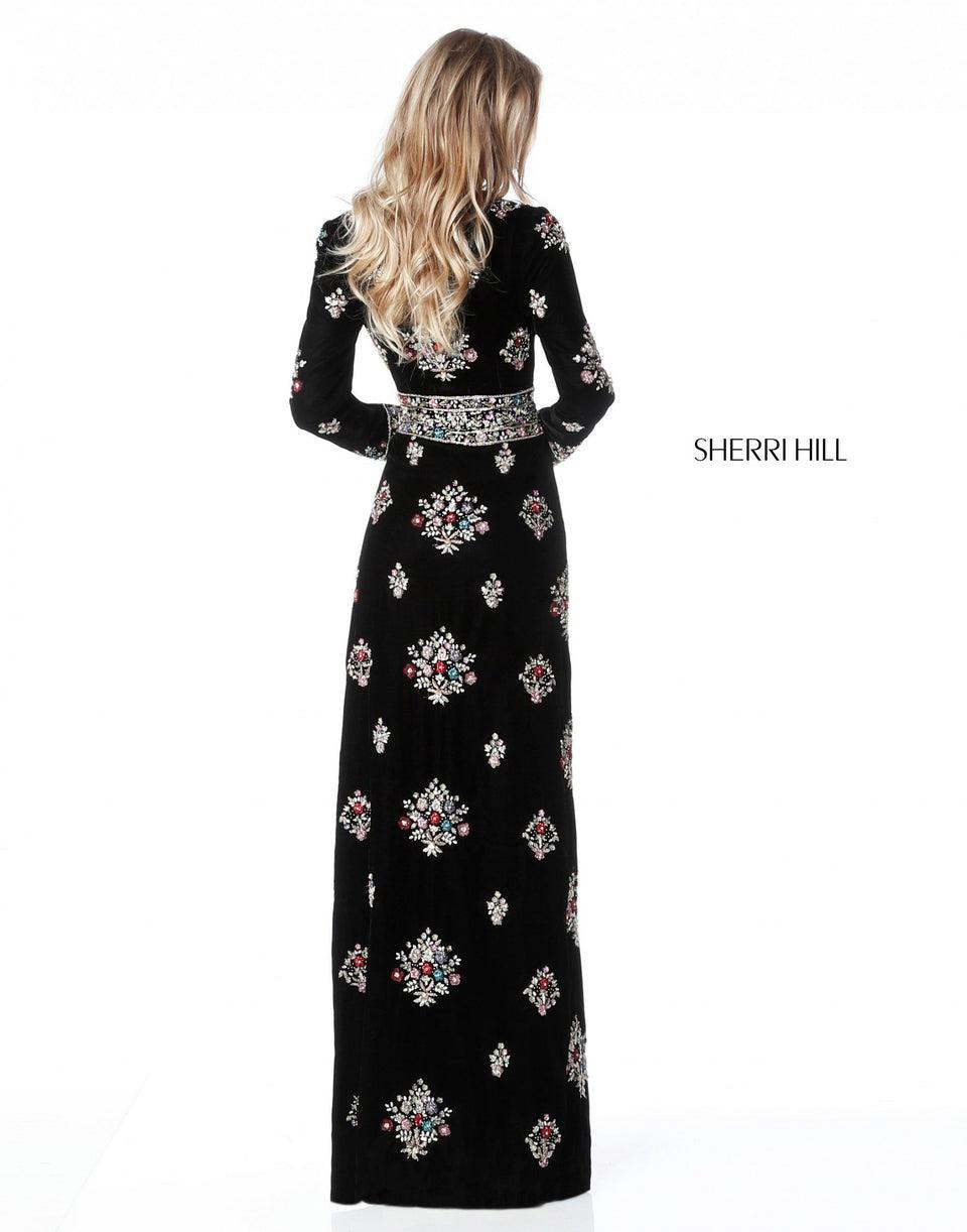 Sherri Hill Long Sleeve Velvet Gown With Bead Appliques Deep V Bodice And Slit Skirt