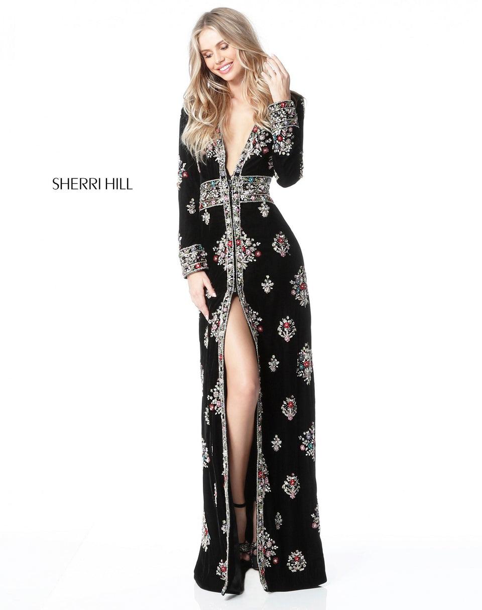 sherri hill Long sleeve velvet gown with bead appliques deep V bodice and slit skirt