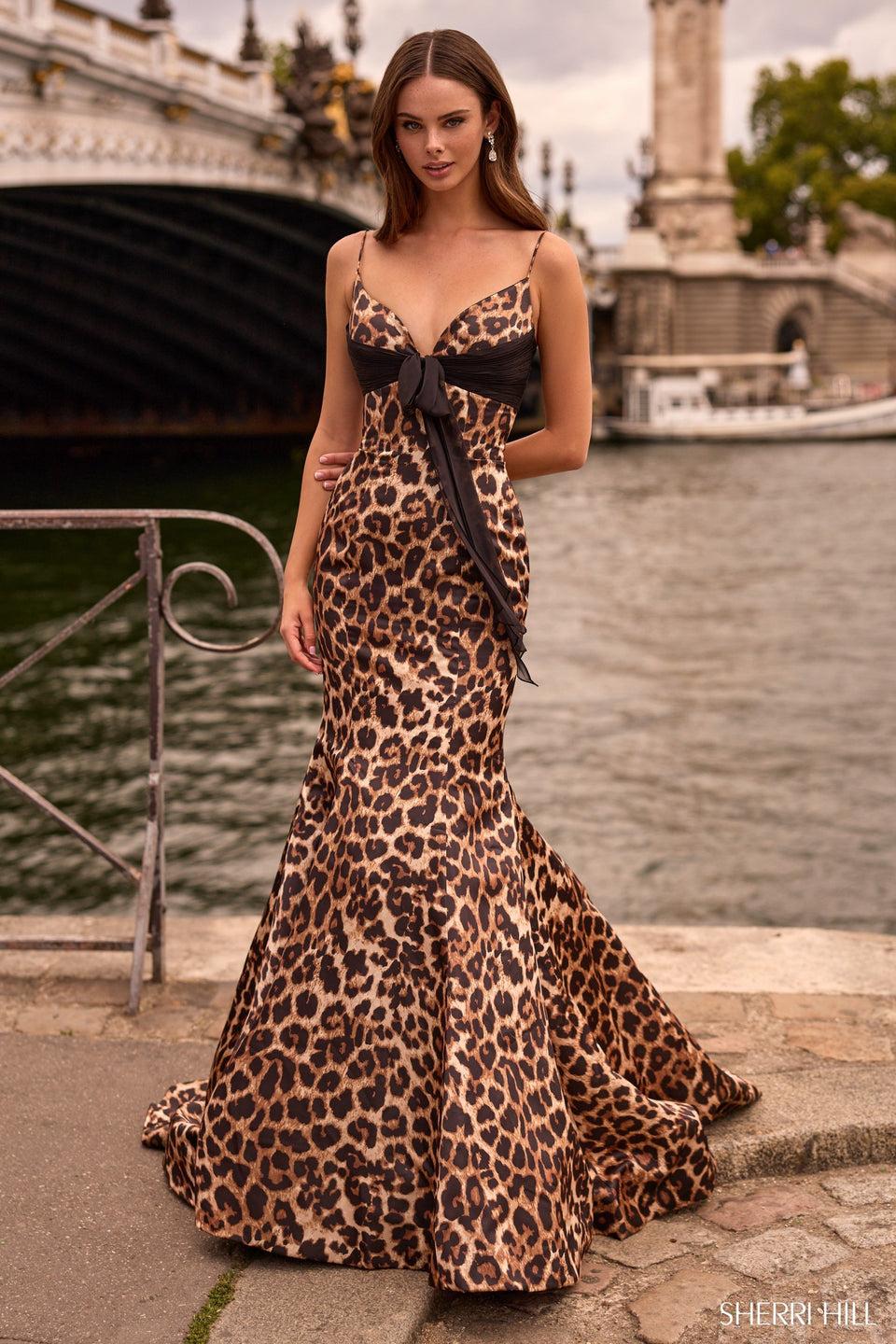 sherri hill Mermaid cheetah print gown with chiffon bow