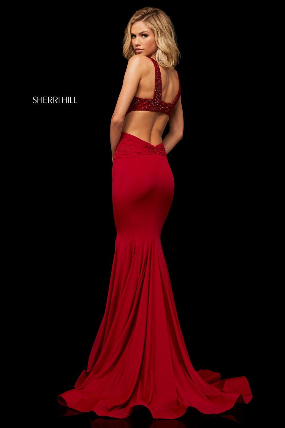 Sherri Hill Mermaid Dress With Jewel Encrusted Deep-V Bodice With Side Cutouts And Open Back And Ruched Waist Skirt