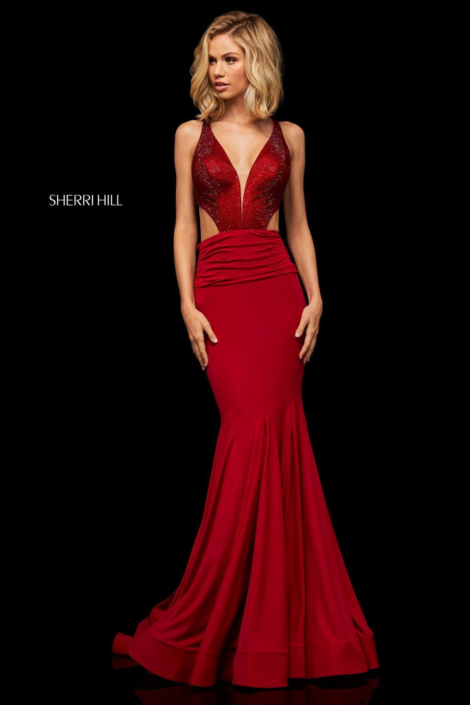Sherri Hill Mermaid Dress With Jewel Encrusted Deep-V Bodice With Side Cutouts And Open Back And Ruched Waist Skirt