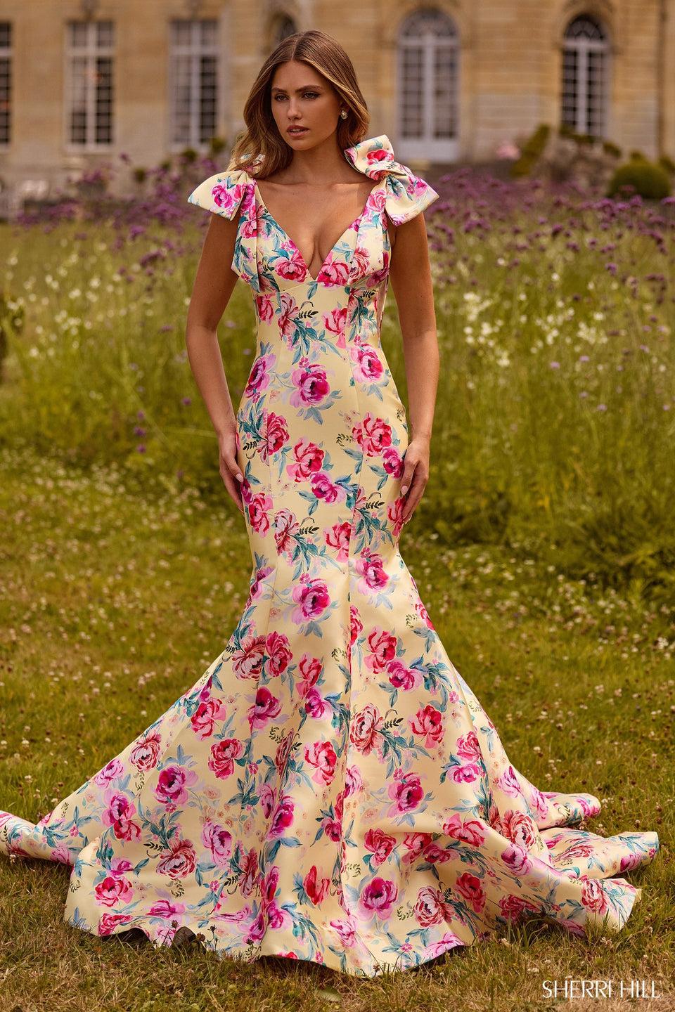 Sherri Hill Mermaid Floral Gown With Bows On Shoulders