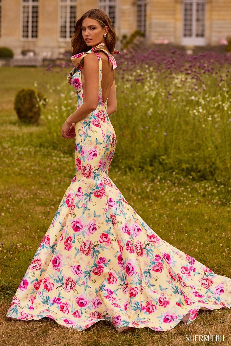 sherri hill Mermaid floral gown with bows on shoulders