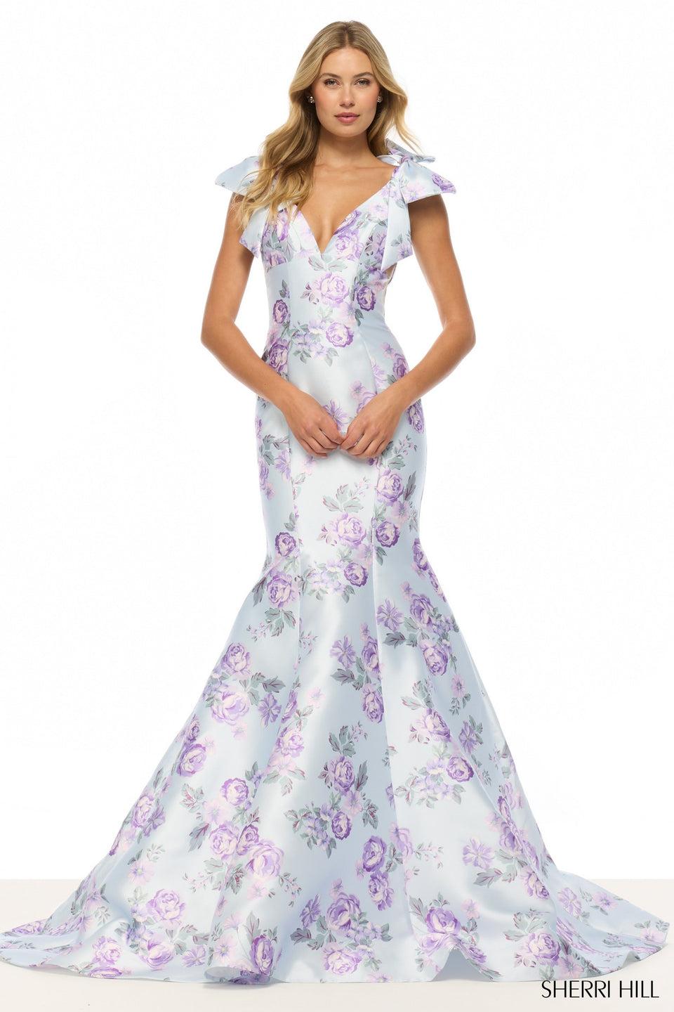 Sherri Hill Mermaid Floral Gown With Deep V Neckline And Bows On Shoulder