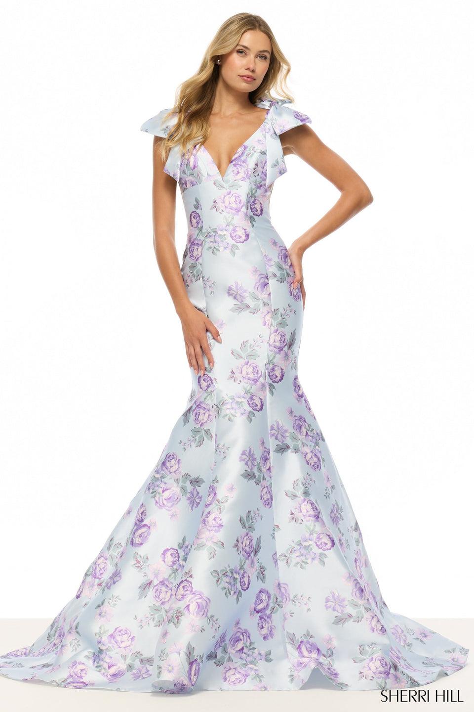 sherri hill Mermaid floral gown with deep V neckline and bows on shoulder