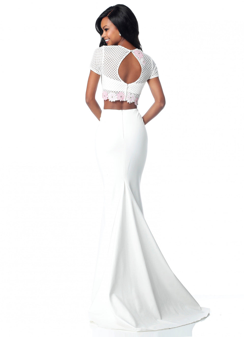 Sherri Hill Mesh Crop Top With Floral Embroidery And A Scuba Trumpet Skirt