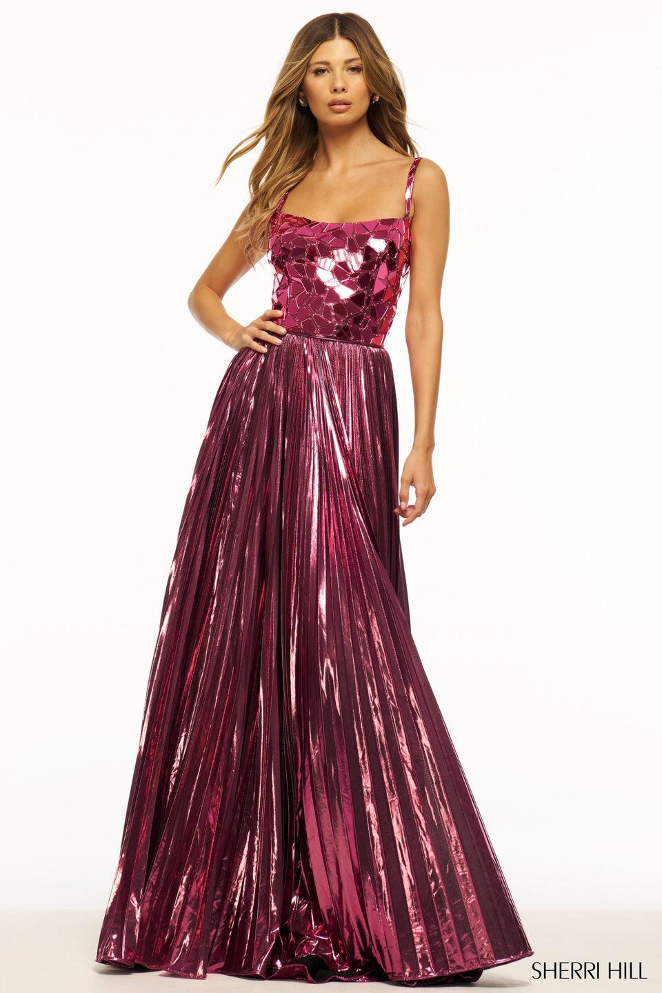 Sherri Hill Metallic A-line Gown With Cut Glass Bodice And A Lace Up Back