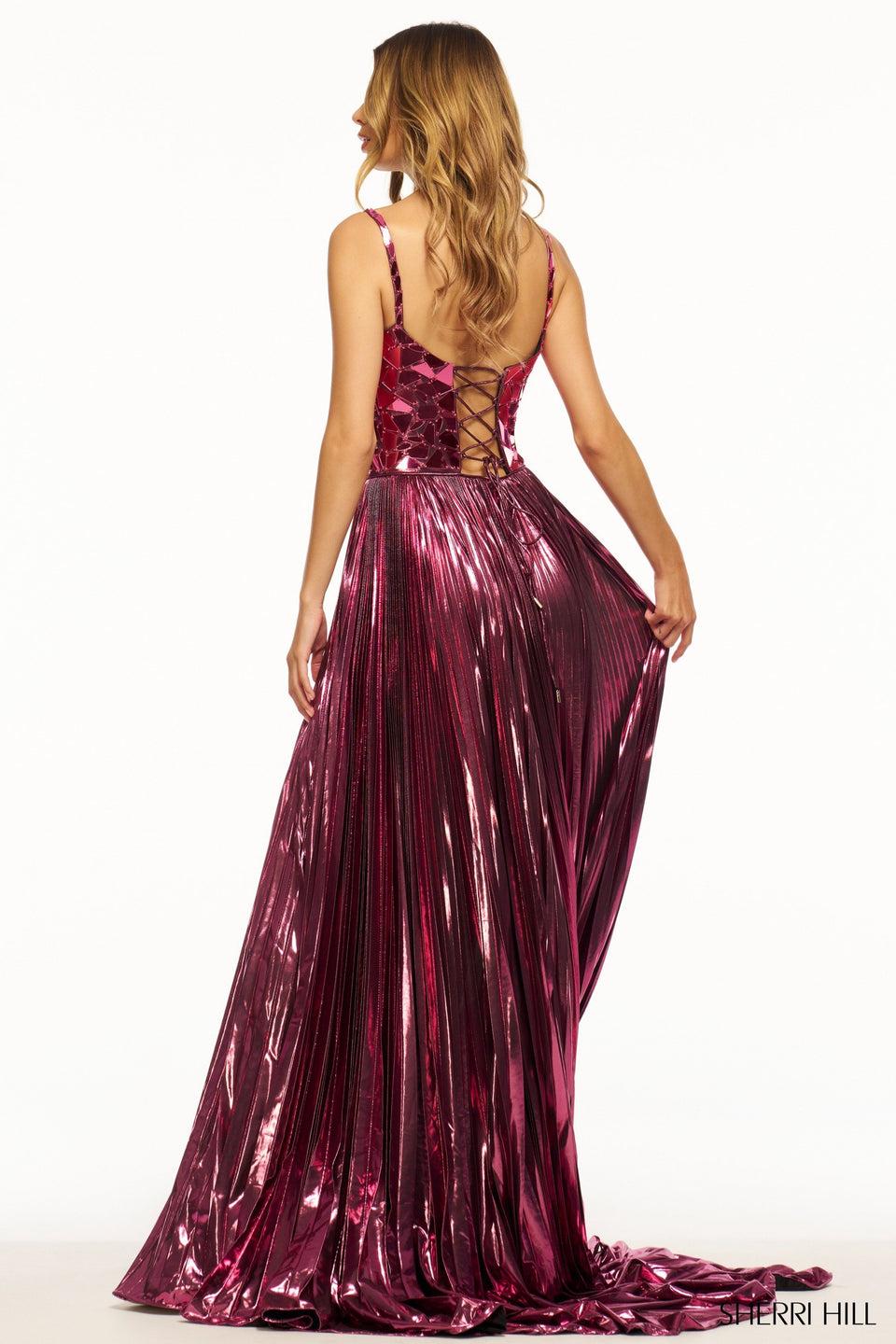 Sherri Hill Metallic A-line Gown With Cut Glass Bodice And A Lace Up Back