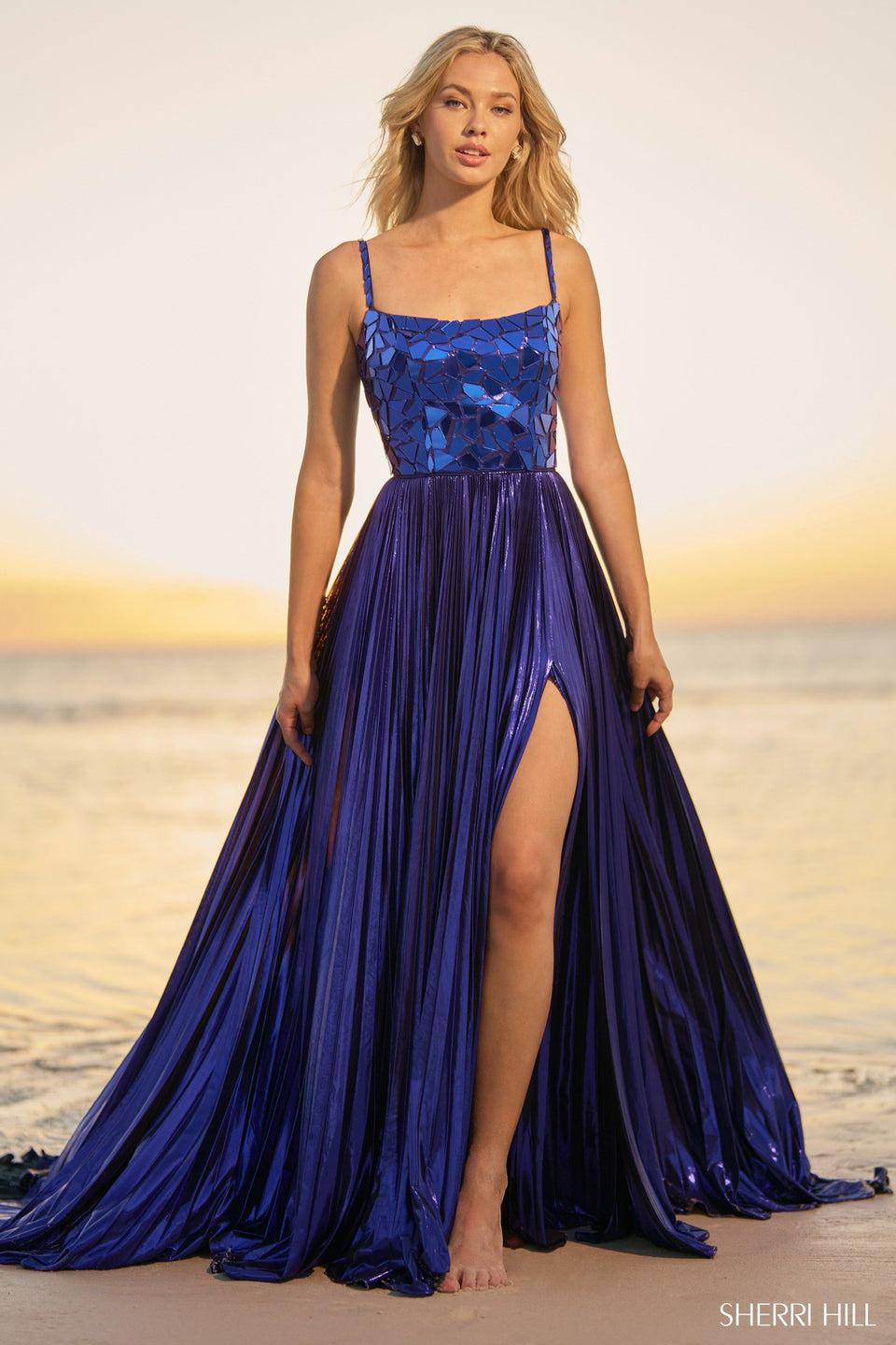 sherri hill Metallic A-line gown with cut glass bodice and a lace up back