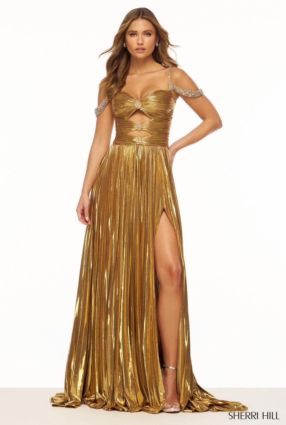 sherri hill Metallic A-Line gown with key hole bodice beaded off the shoulder straps pleated skirt and a high slit sherri hill Metallic A-Line gown with key hole bodice beaded off the shoulder straps pleated skirt and a high slit