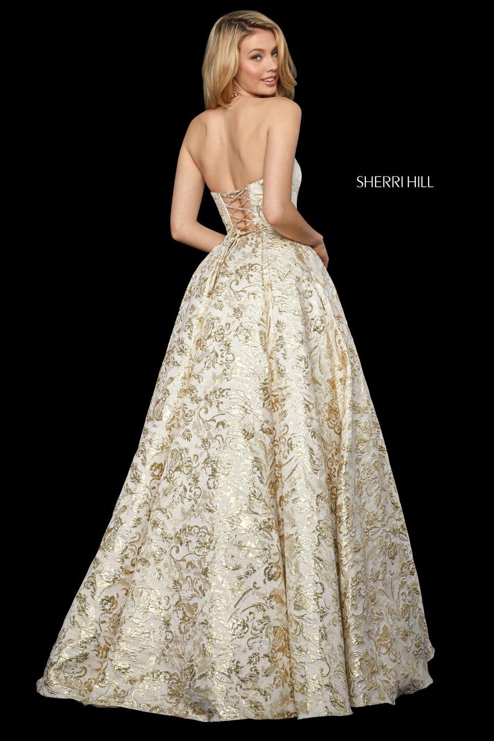 Sherri Hill Metallic Brocade Ball Gown With Halter Neckline Pockets And Corset Style Lace Up Back