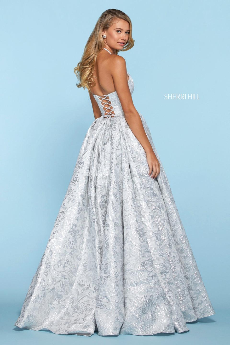 Sherri Hill Metallic Brocade Ball Gown With Halter Neckline Pockets And Corset Style Lace Up Back