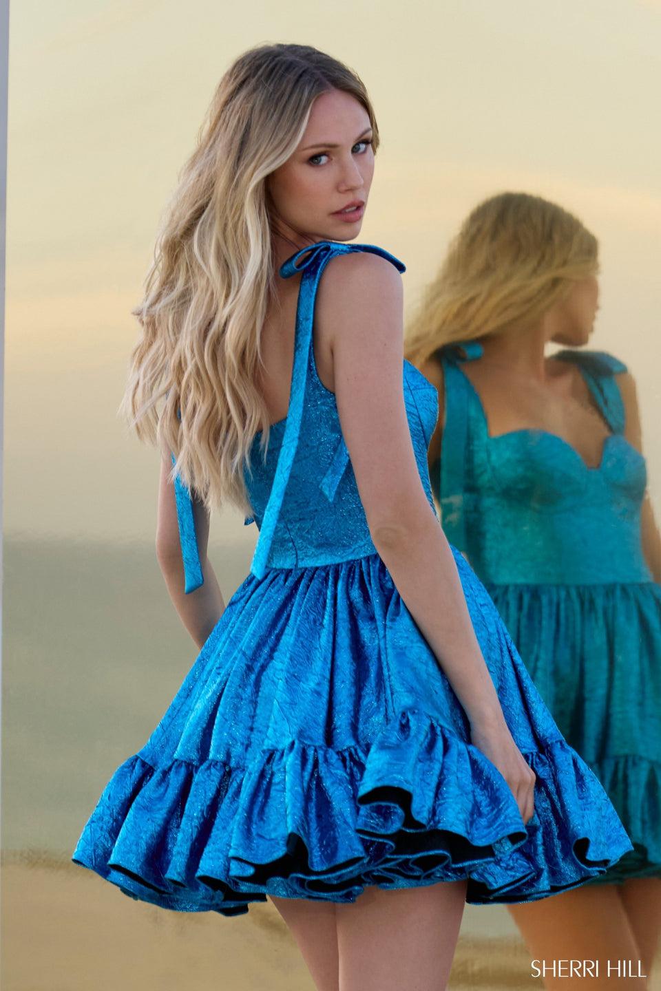 Sherri Hill Metallic Brocade Cocktail Dress With A Sweetheart Neckline Bow Sleeves And Ruffle Hem