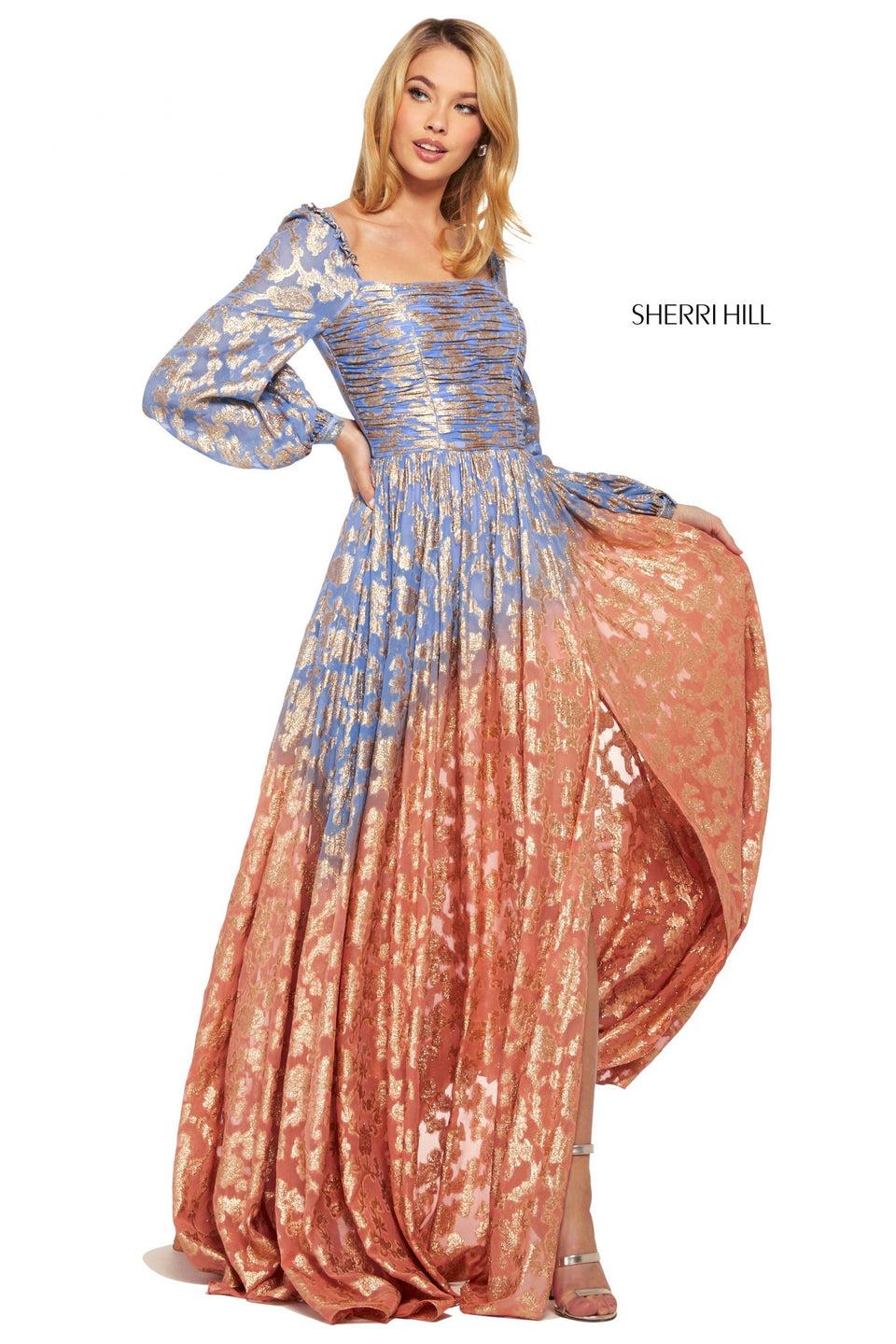 sherri hill Metallic cross dyed chiffon gown with ruched bodice long bishop sleeves lace up back and ruffle trim on shoulders