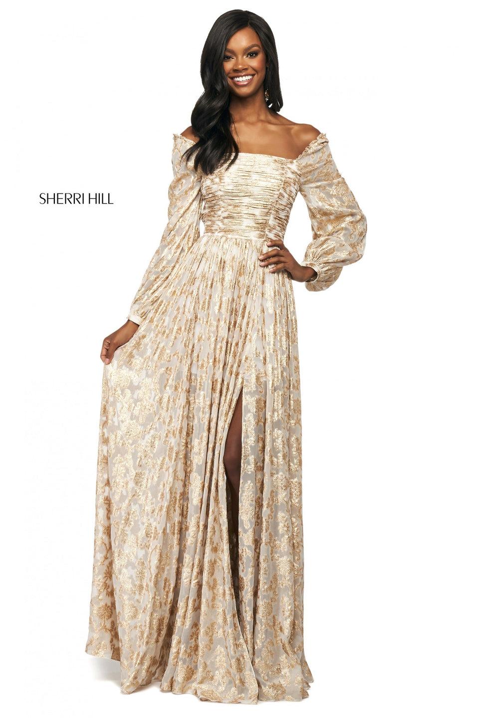 Sherri Hill Metallic Cross Dyed Gown With Ruched Bodice Bishop Sleeves And Lace Up Back