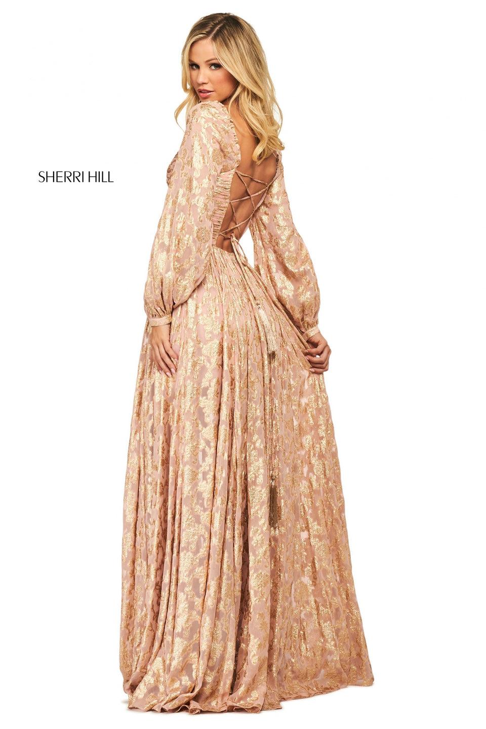 Sherri Hill Metallic Cross Dyed Gown With Ruched Bodice Bishop Sleeves And Lace Up Back