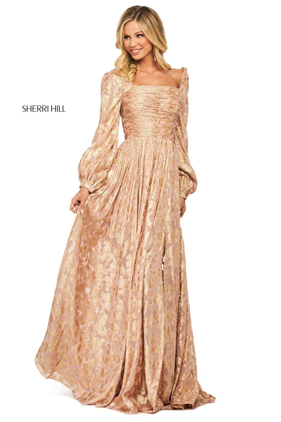 sherri hill Metallic cross dyed gown with ruched bodice bishop sleeves and lace up back