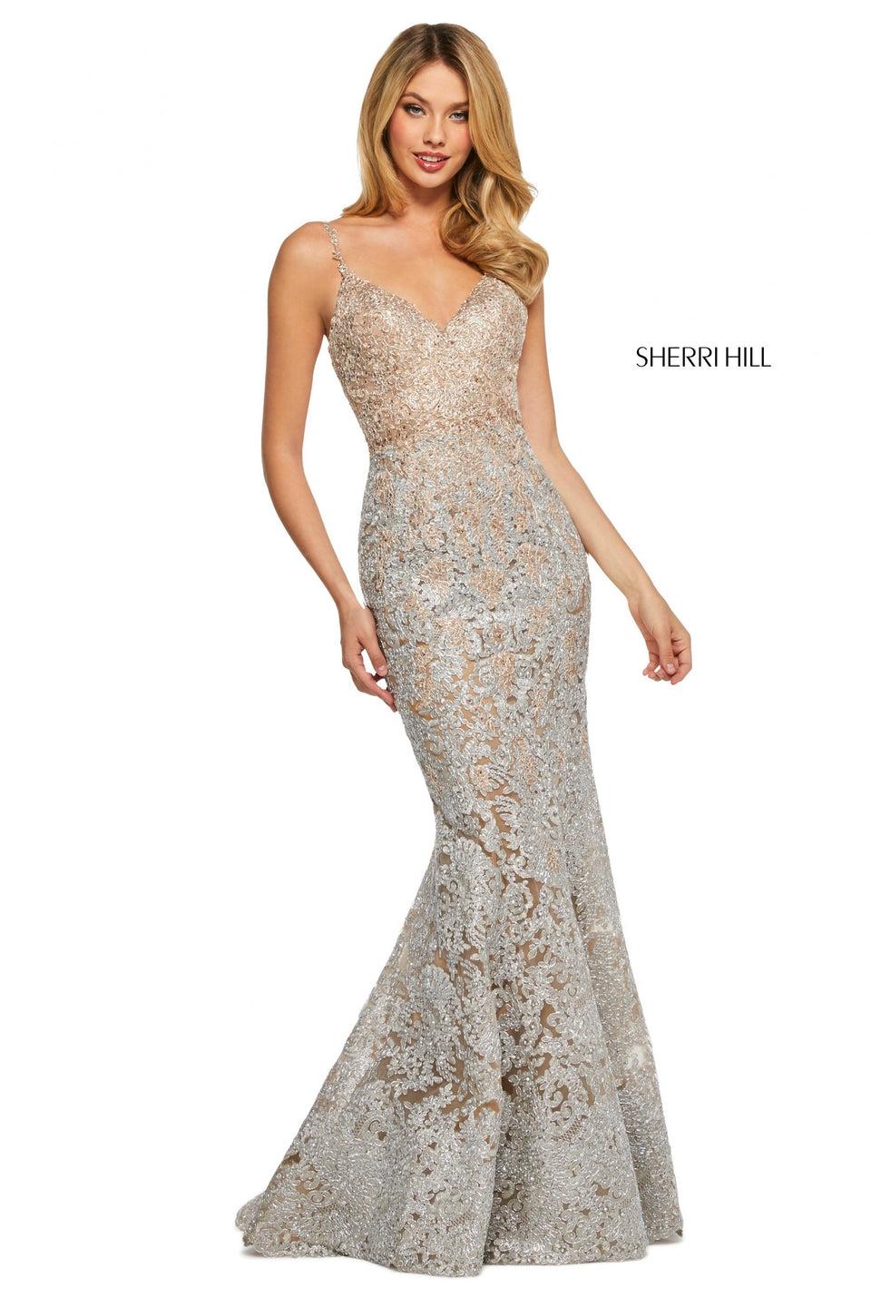 Sherri Hill Metallic Embroidered Lace Mermaid Gown With Sweetheart Neckline And Lace Up Back