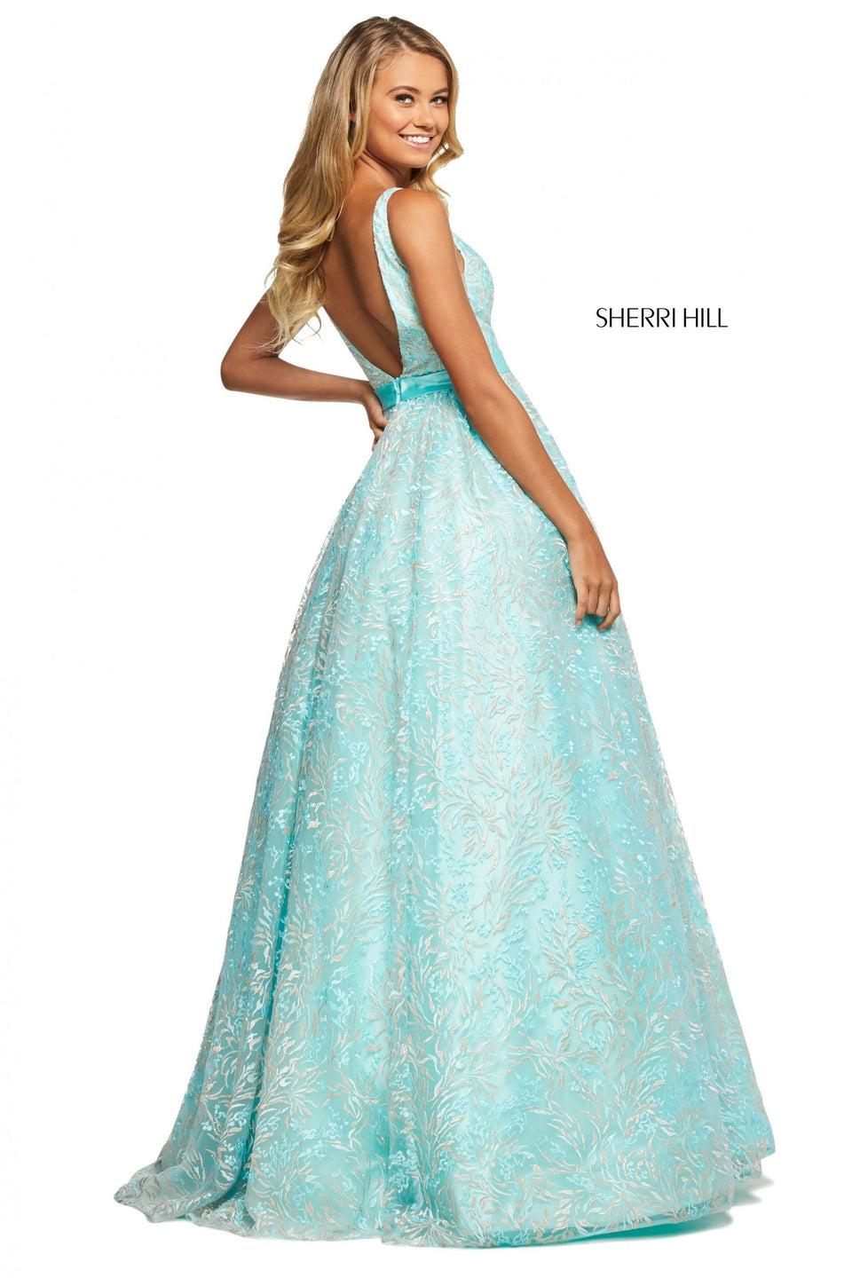 Sherri Hill Metallic Embroidered Organza Ball Gown With Embellished Buckle Belt And Plunging Neckline And Back