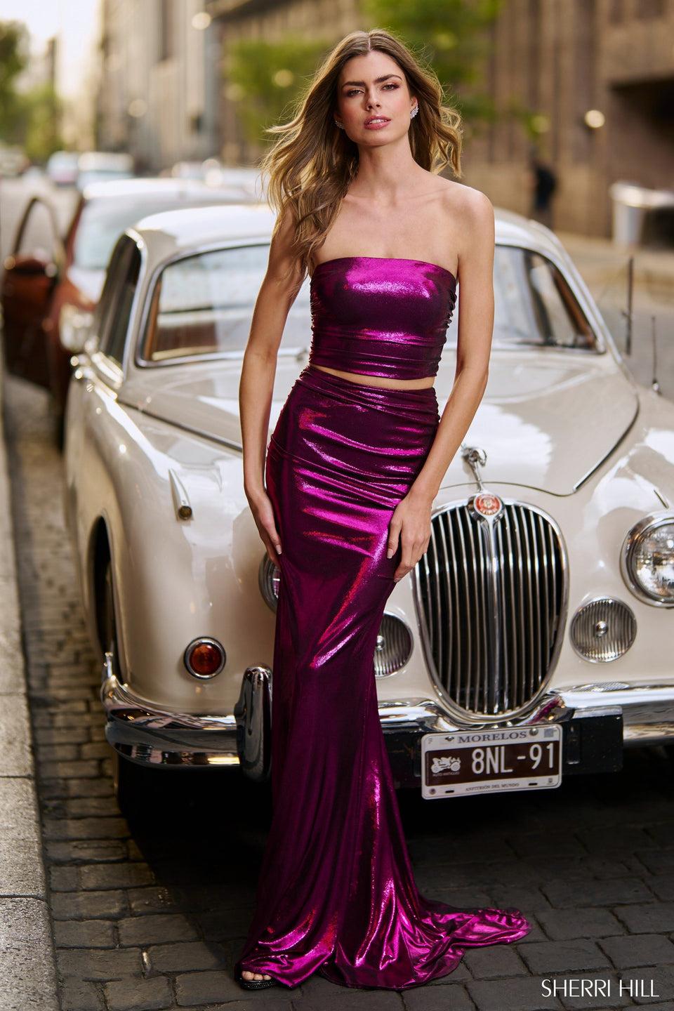 Sherri Hill Metallic Fitted Two Piece Gown With Rosette Embellished Choker