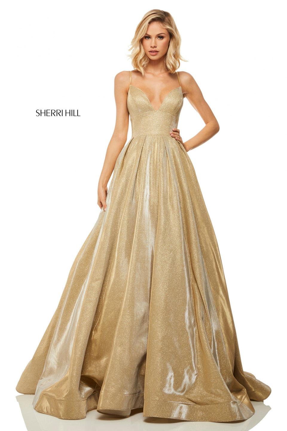 Sherri Hill Metallic Gold Ball Gown With Spaghetti Straps And Lace Up Back Bodice