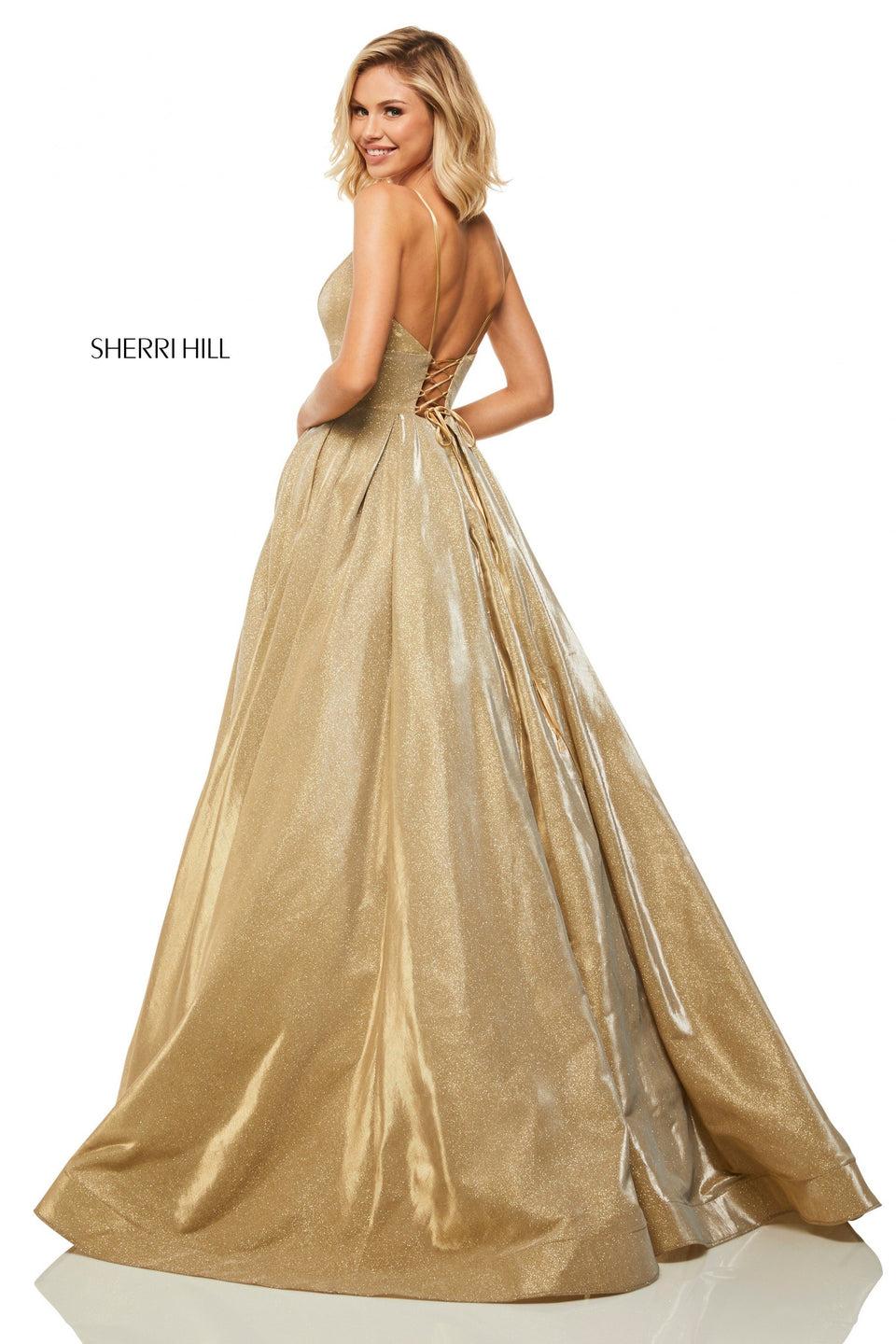 Sherri Hill Metallic Gold Ball Gown With Spaghetti Straps And Lace Up Back Bodice