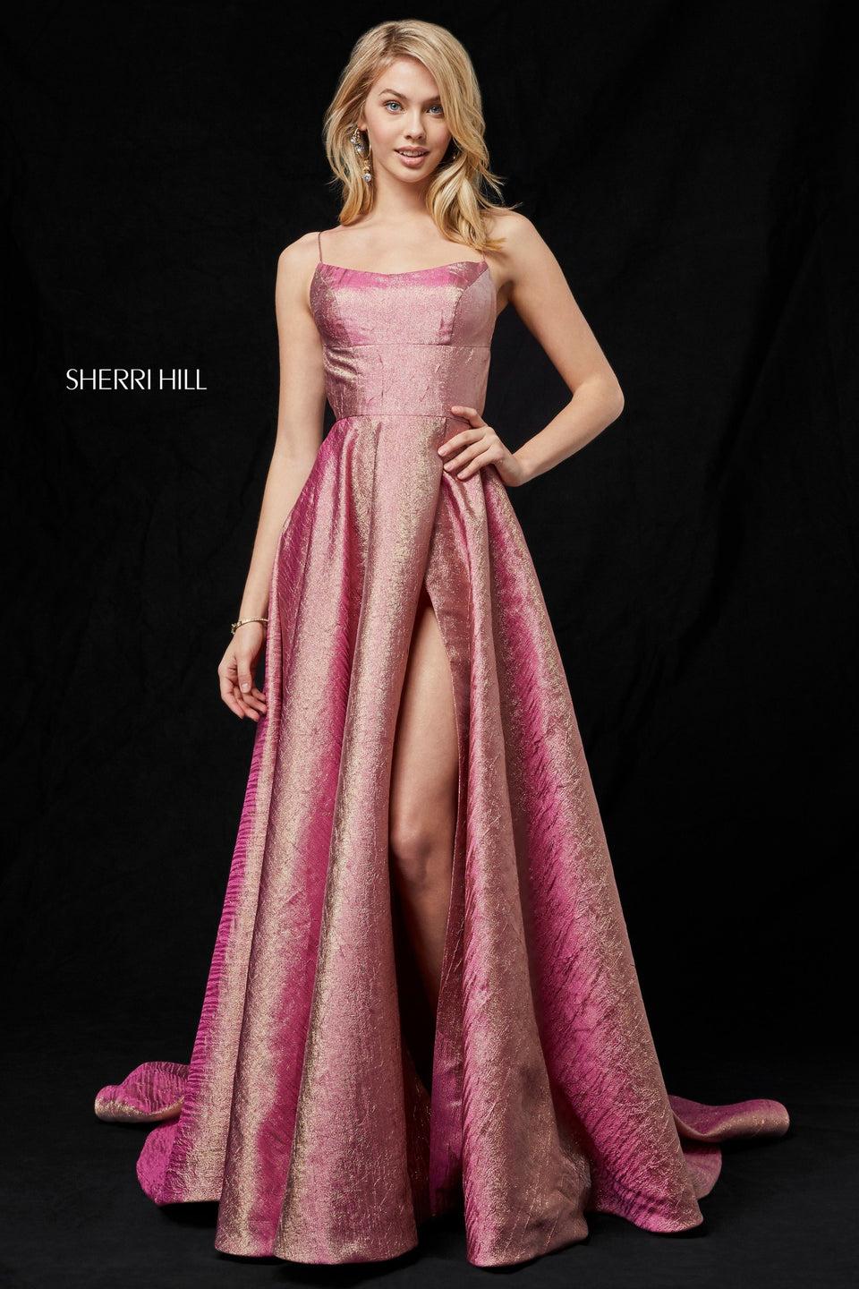 sherri hill Metallic gown with lace up back and slit skirt