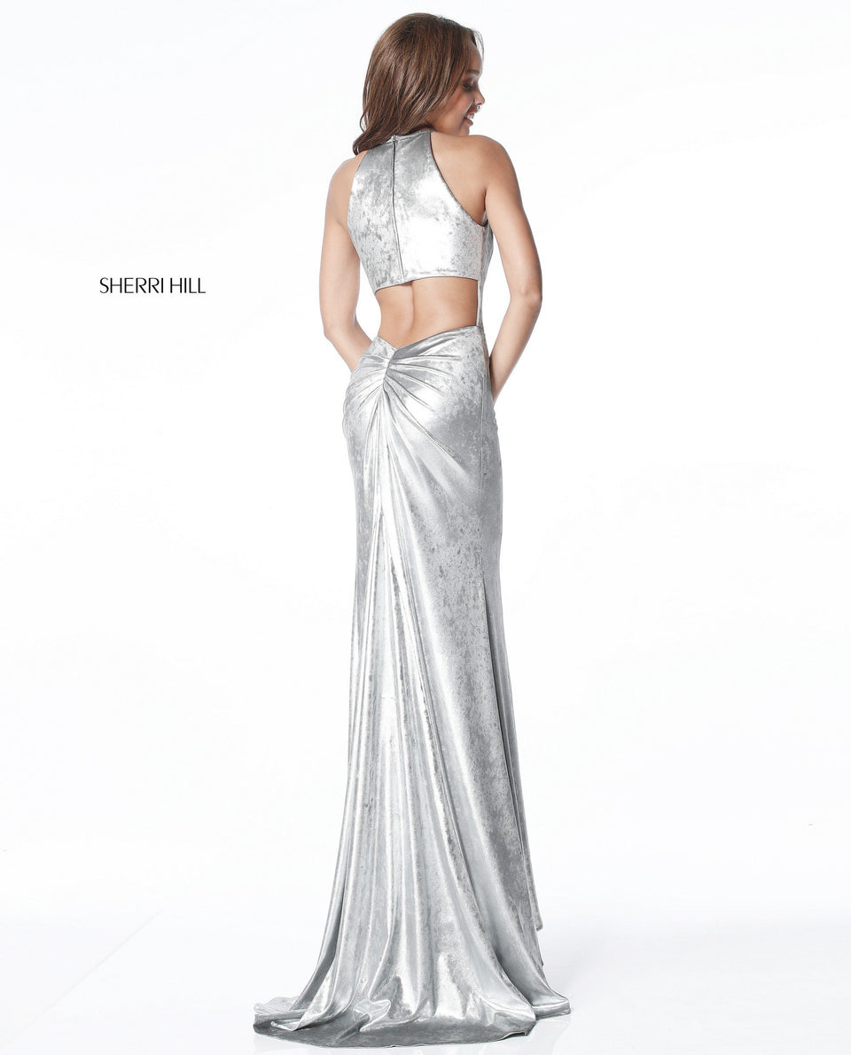 Sherri Hill Metallic Jersey Gown With Halter Bodice And Cut Out Back