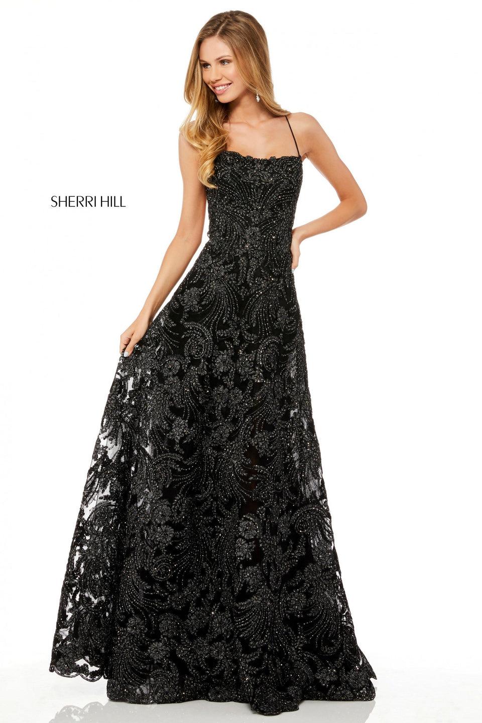 Sherri Hill Metallic Lace A-line Gown With Spaghetti Straps And Lace Up Back