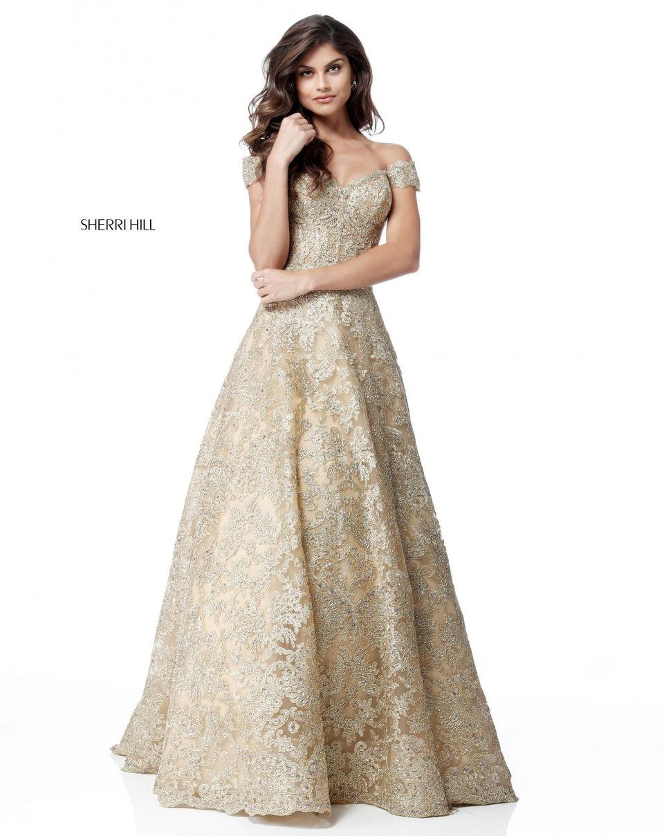 Sherri Hill Metallic Lace A-line Gown With Sweetheart Bodice And Off-the-shoulder Straps