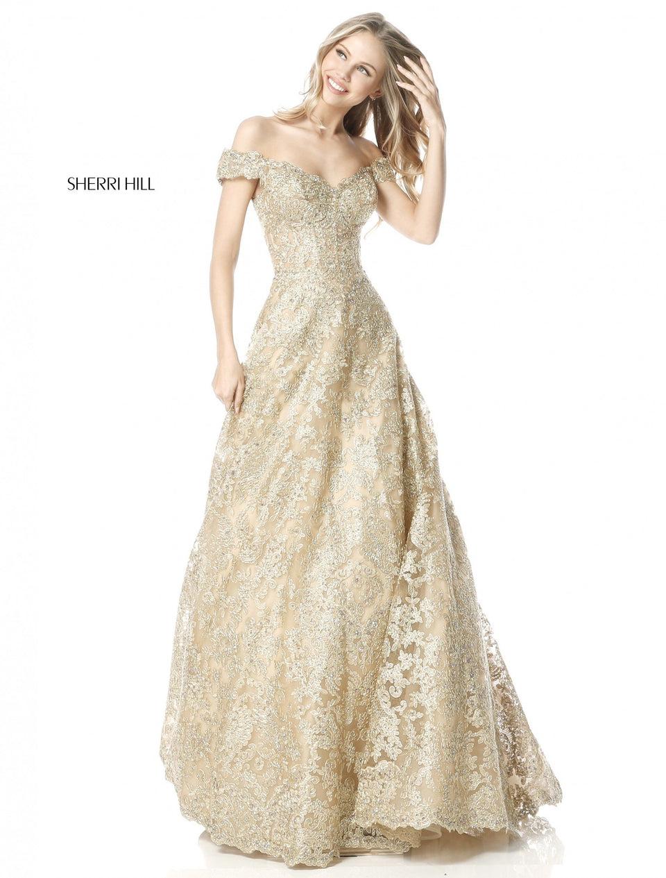 Sherri Hill Metallic Lace A-line Gown With Sweetheart Bodice And Off-the-shoulder Straps