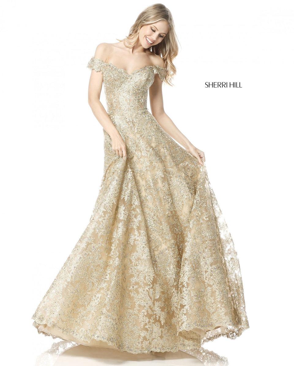 Sherri Hill Metallic Lace A-line Gown With Sweetheart Bodice And Off-the-shoulder Straps