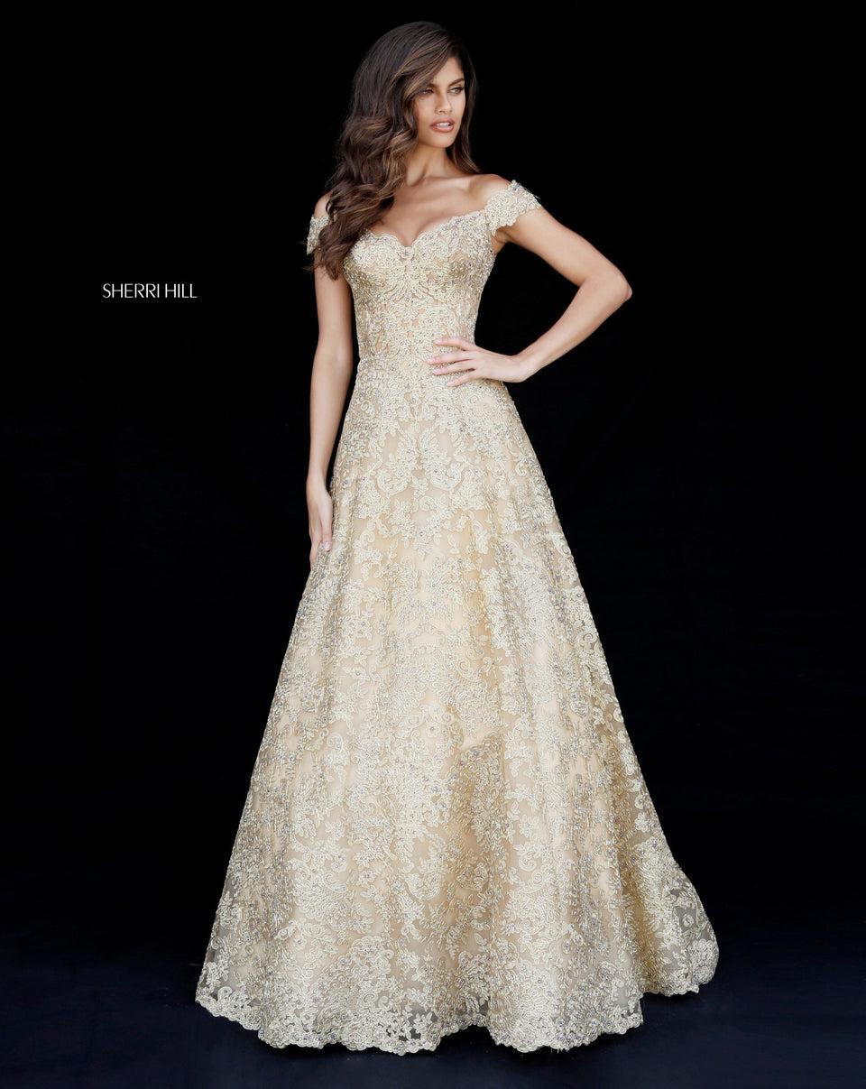 sherri hill Metallic lace A-line gown with sweetheart bodice and off-the-shoulder straps