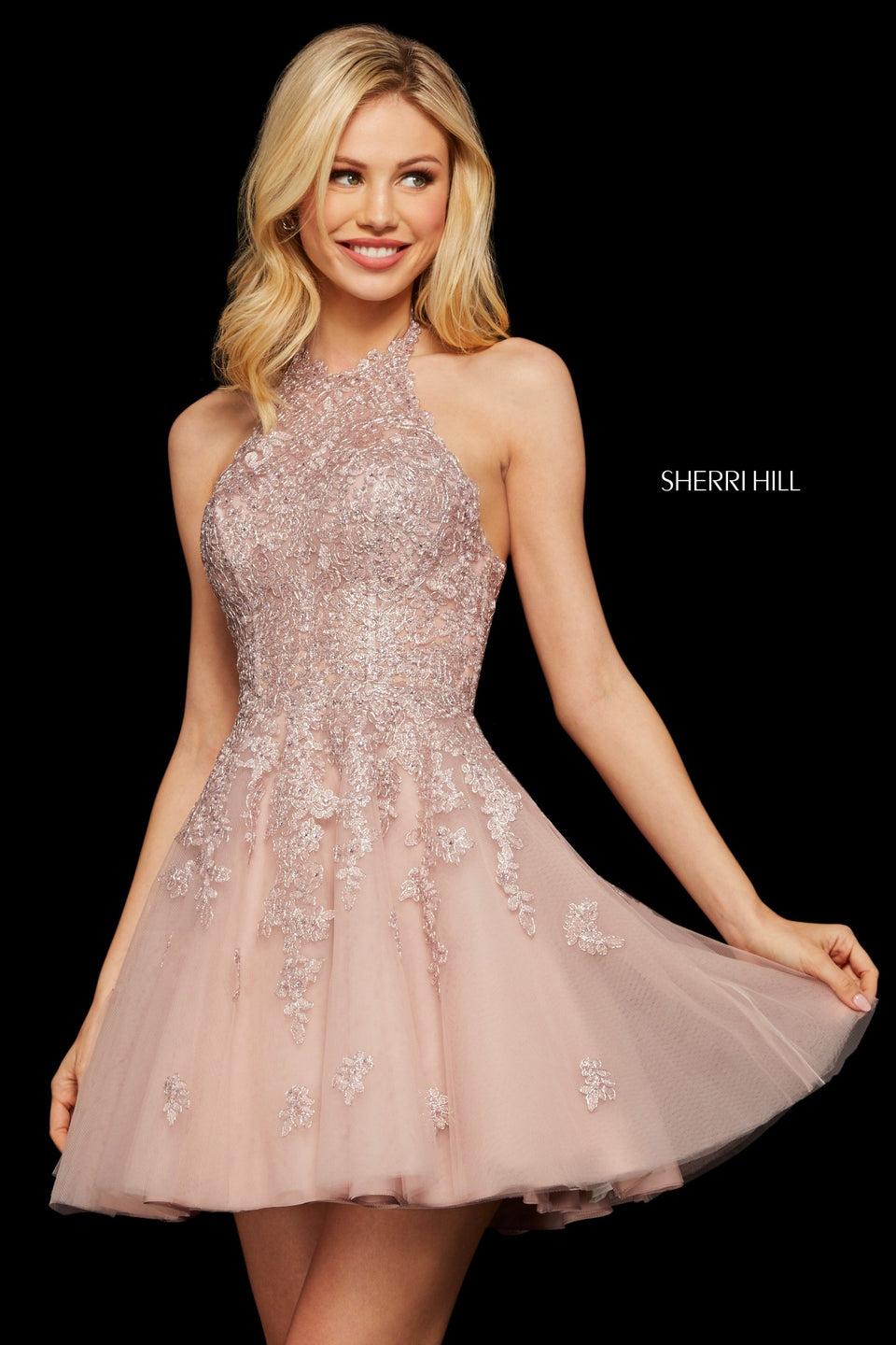 sherri hill Metallic lace and tulle A-line cocktail dress with sweetheart neckline and corset style lace up back