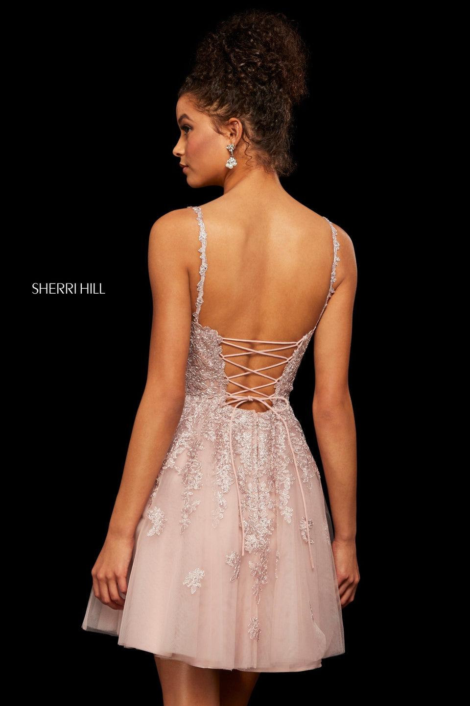 Sherri Hill Metallic Lace And Tulle A-line Cocktail Dress With Sweetheart Neckline And Corset Style Lace Up Back