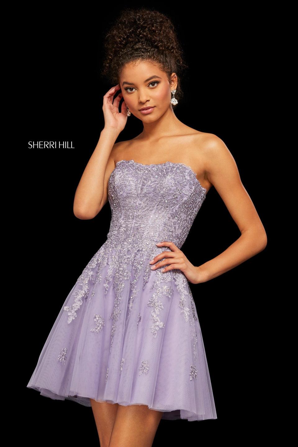 Sherri Hill Metallic Lace And Tulle Strapless A-line Cocktail Dress With Corset Style Lace Up Back