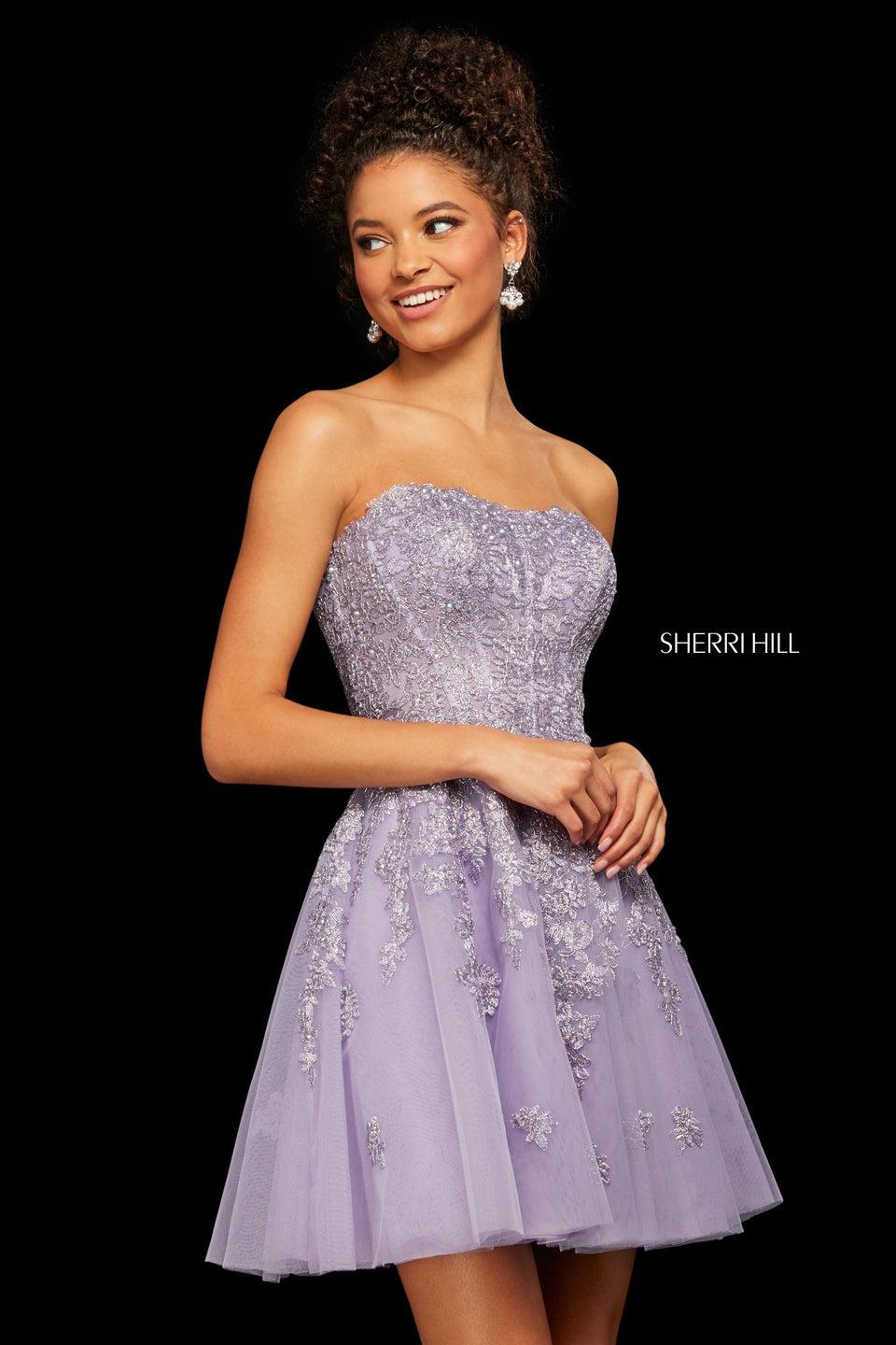 Sherri Hill Metallic Lace And Tulle Strapless A-line Cocktail Dress With Corset Style Lace Up Back