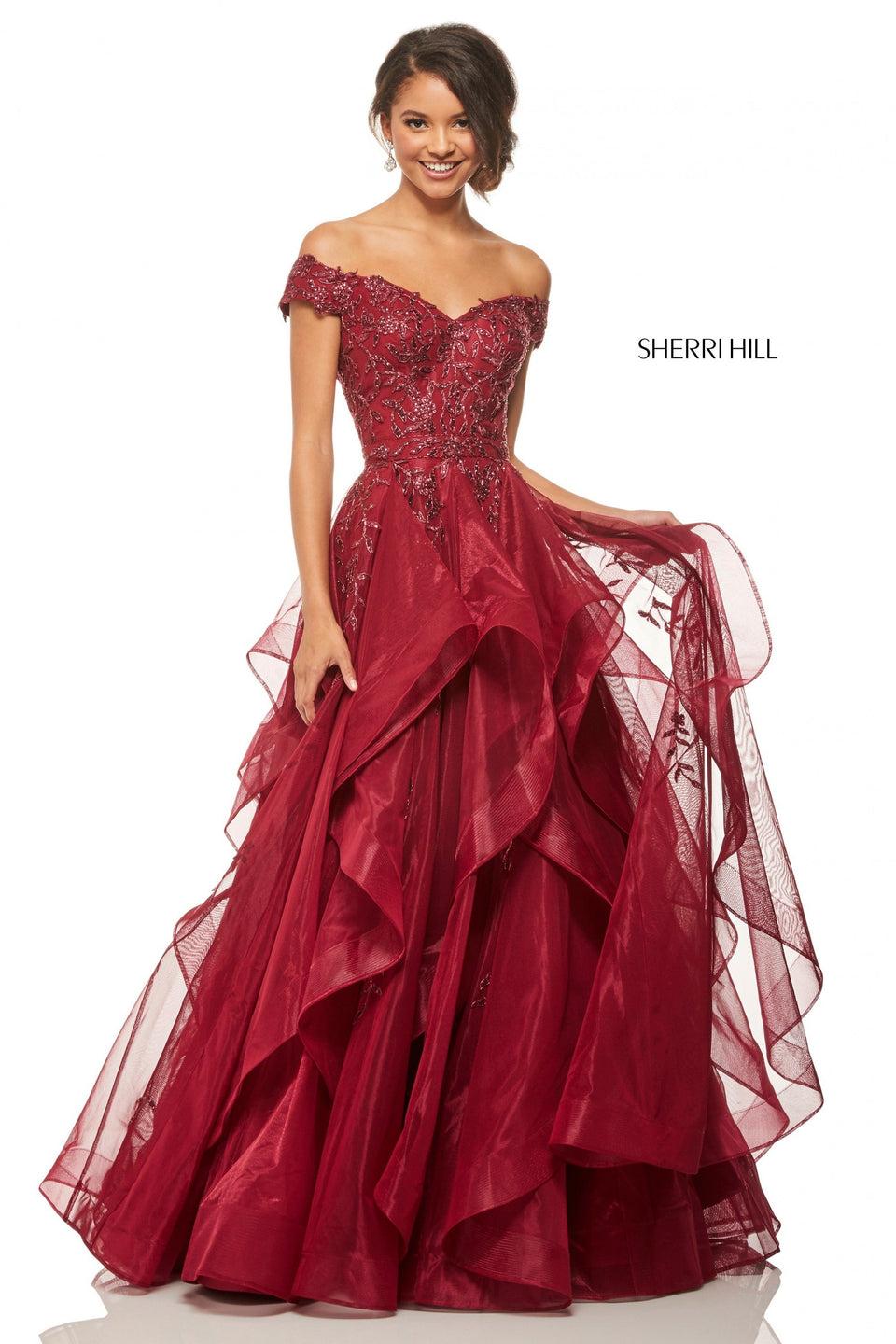 sherri hill Metallic lace ball gown with a off-the-shoulder bodice and tulle skirt