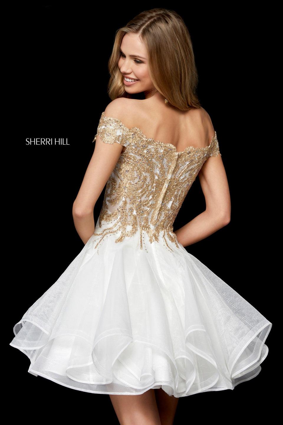 Sherri Hill Metallic Lace Bodice With Off-the-shoulder Straps And Ruffle Organza Cocktail Skirt
