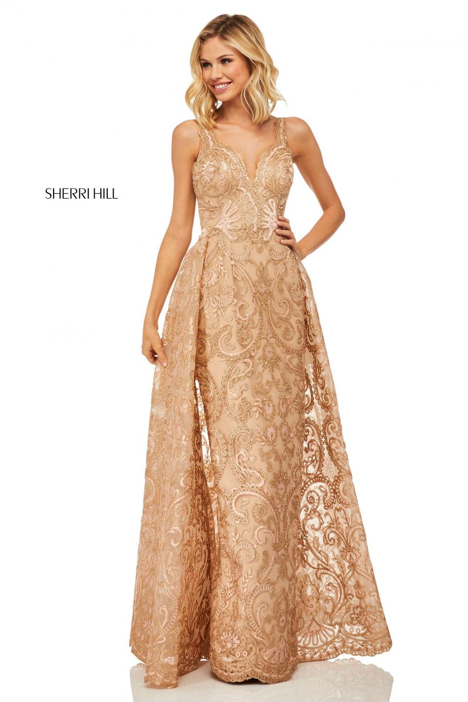 sherri hill Metallic lace fitted gown with overskirt