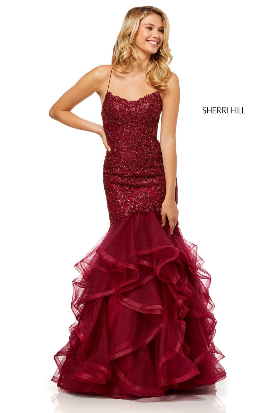 Sherri Hill Metallic Lace Mermaid With A Lace Up Back And Ruffle Tulle Skirt
