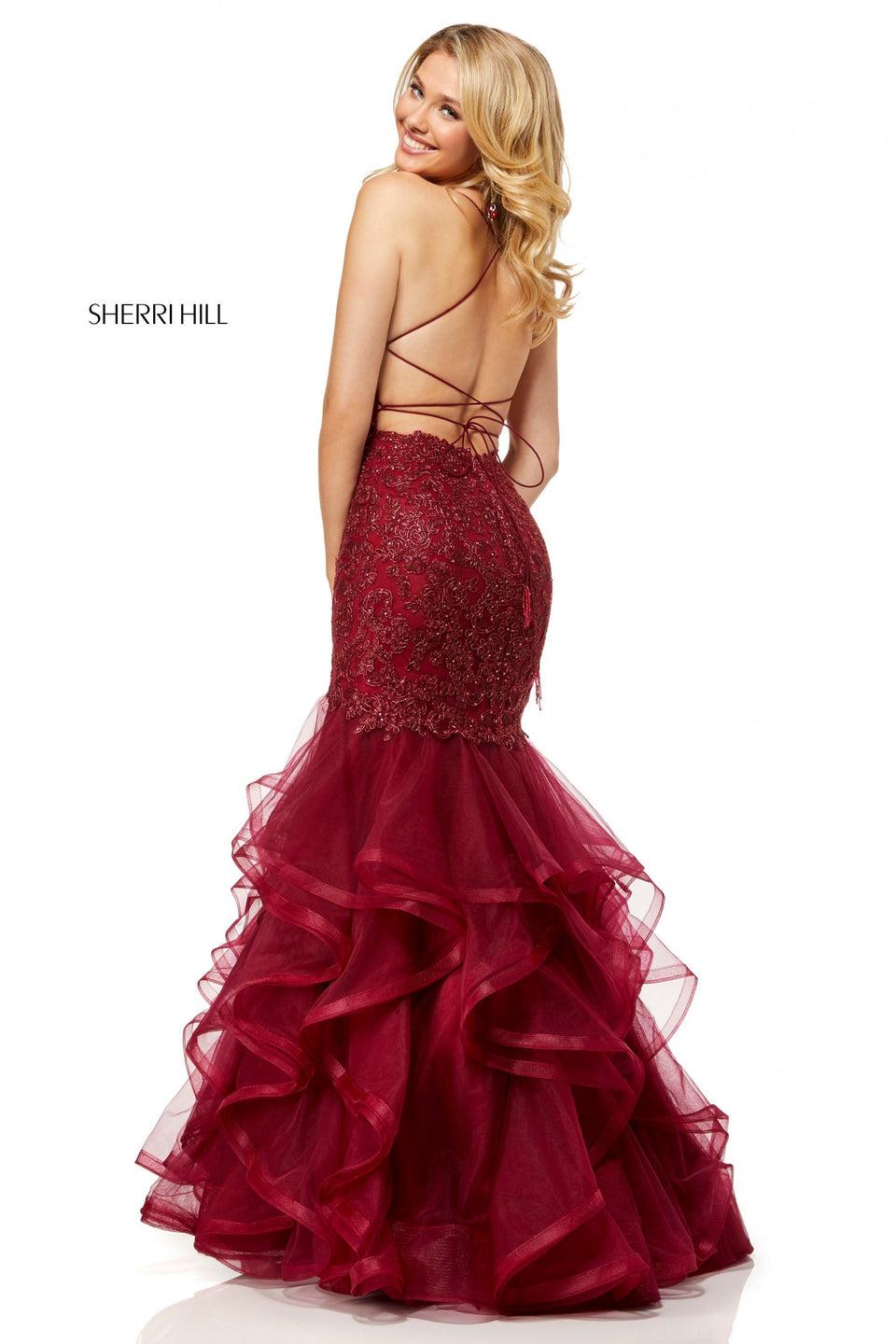 Sherri Hill Metallic Lace Mermaid With A Lace Up Back And Ruffle Tulle Skirt