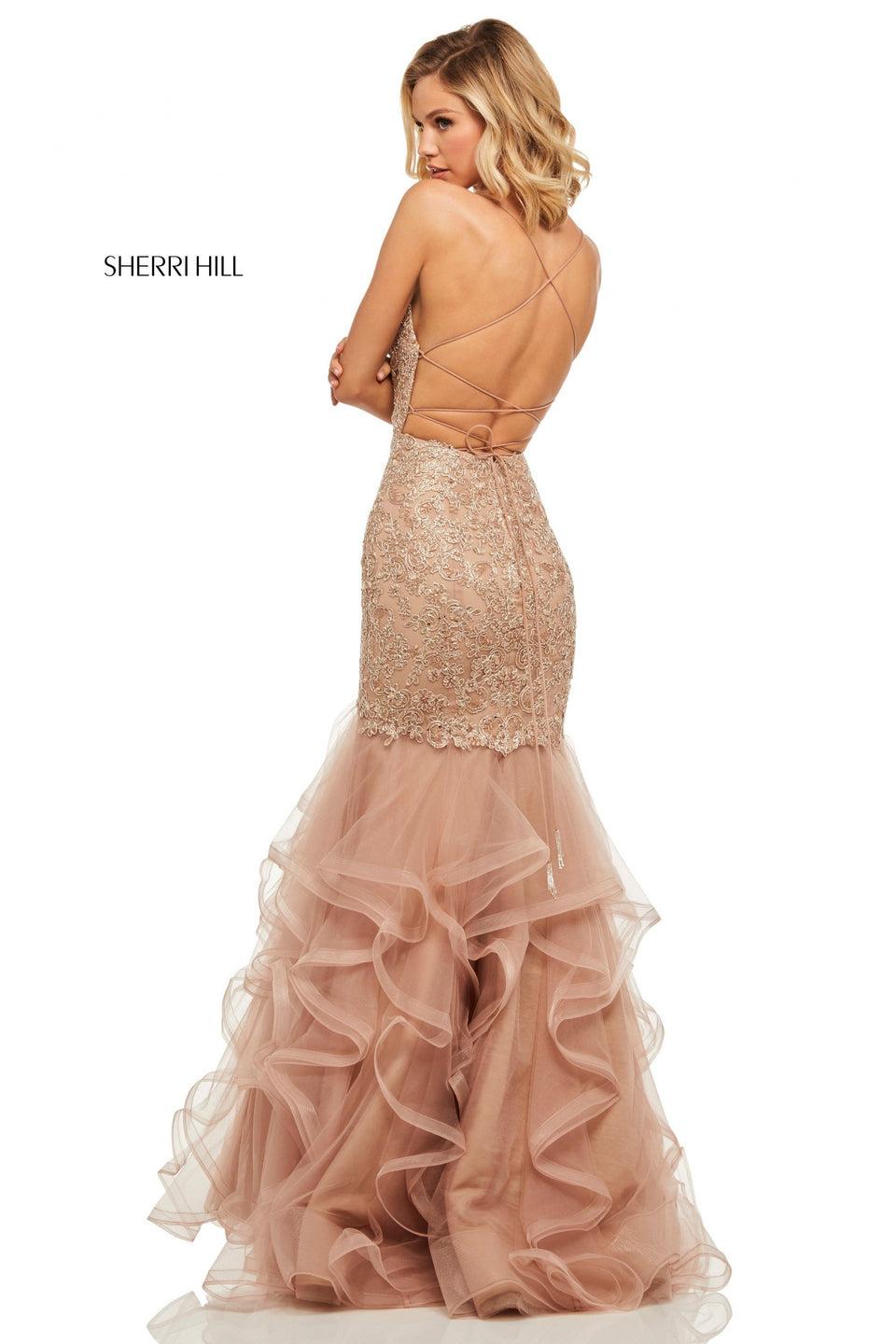Sherri Hill Metallic Lace Mermaid With A Lace Up Back And Ruffle Tulle Skirt