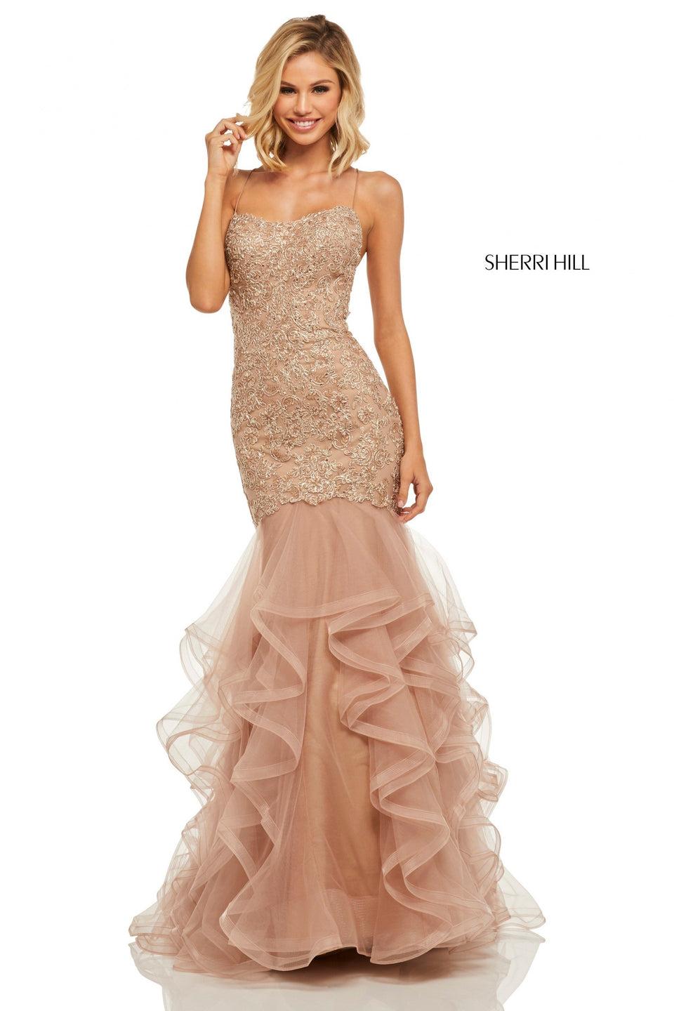 sherri hill Metallic lace mermaid with a lace up back and ruffle tulle skirt