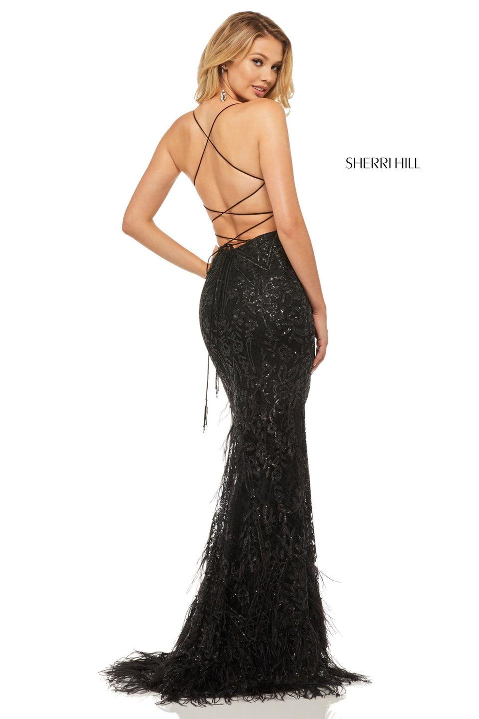 sherri hill Metallic lace mermaid with feather on the skirt and a lace up back